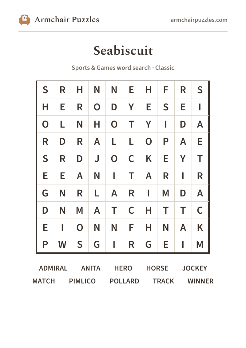 The printable Seabiscuit word search sheet