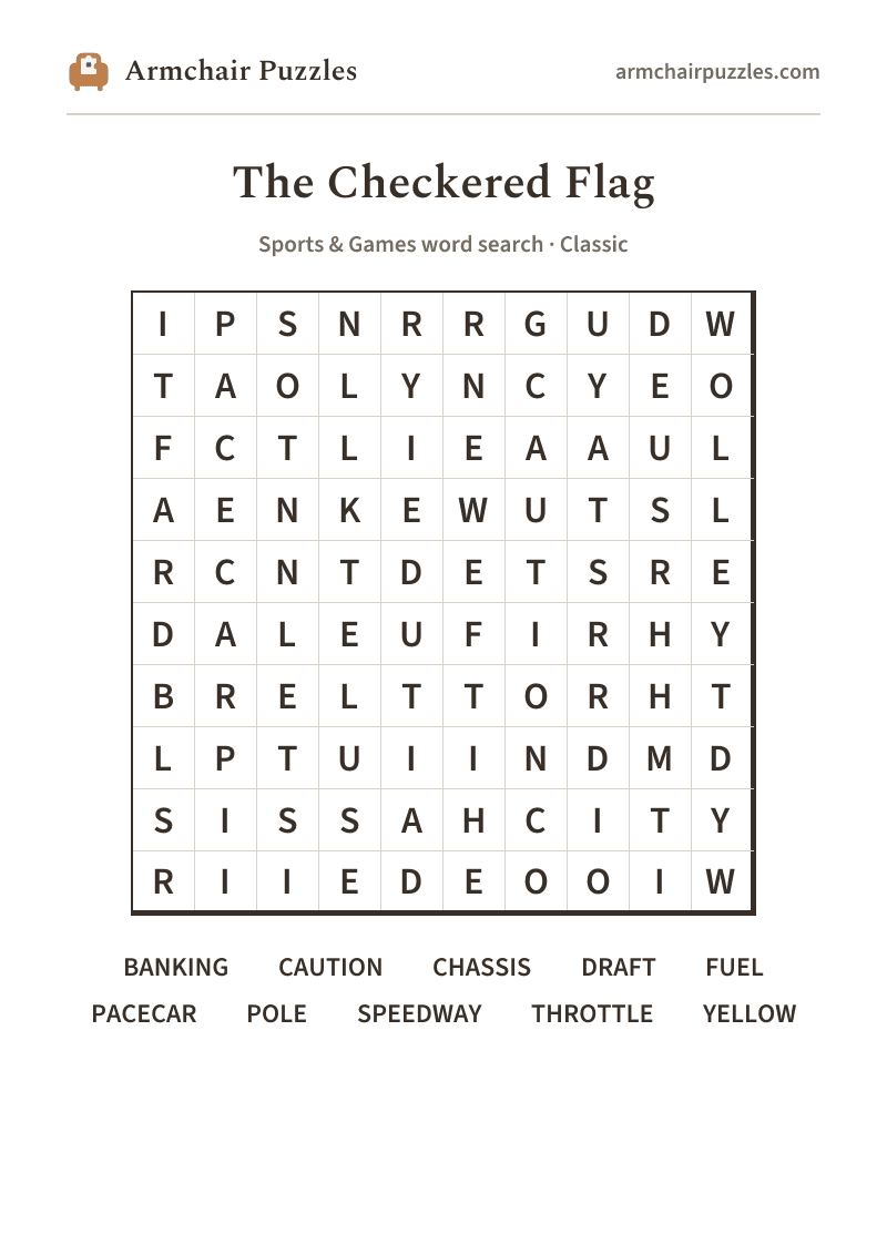 The printable The Checkered Flag word search sheet: large-print Classic grid with its word list