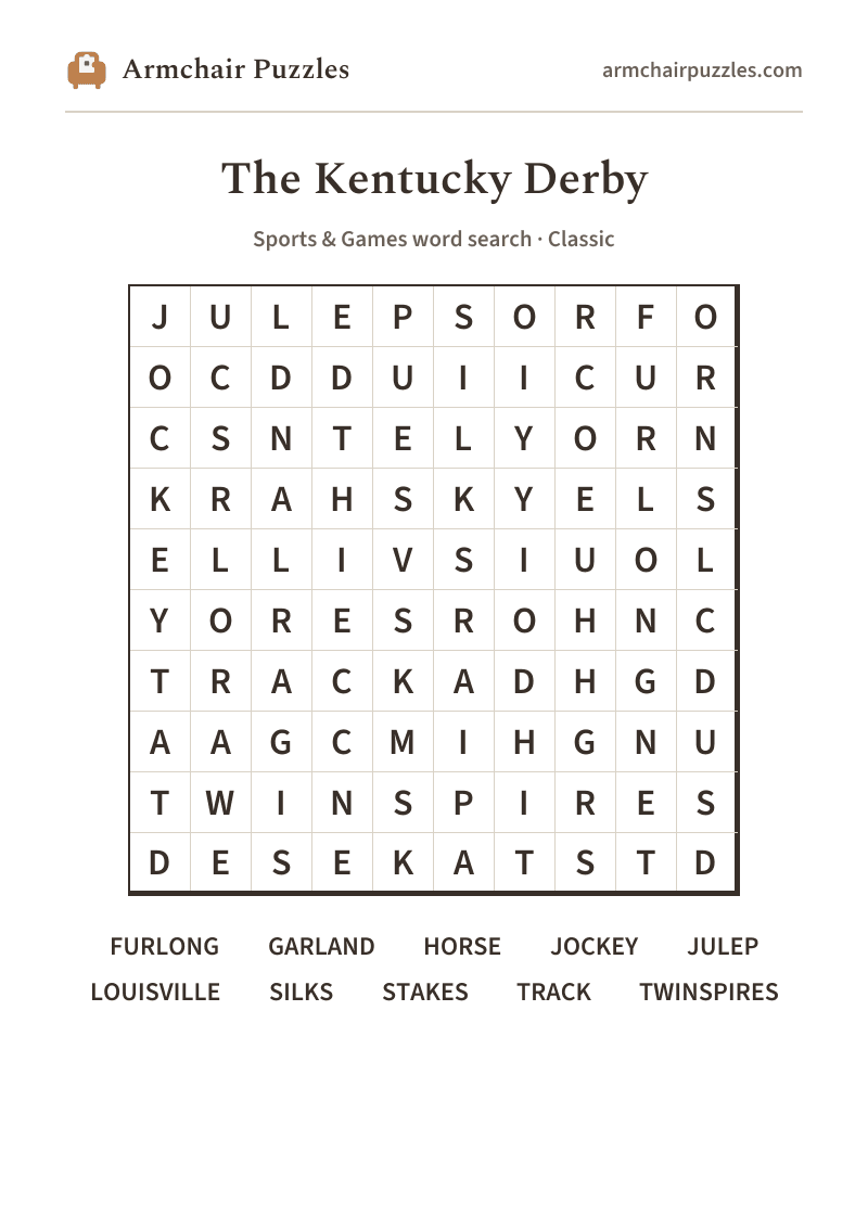 The printable The Kentucky Derby word search sheet