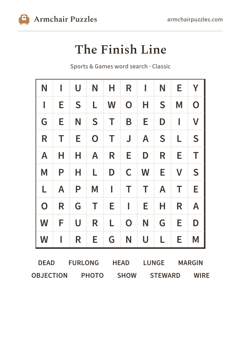 The printable The Finish Line word search sheet