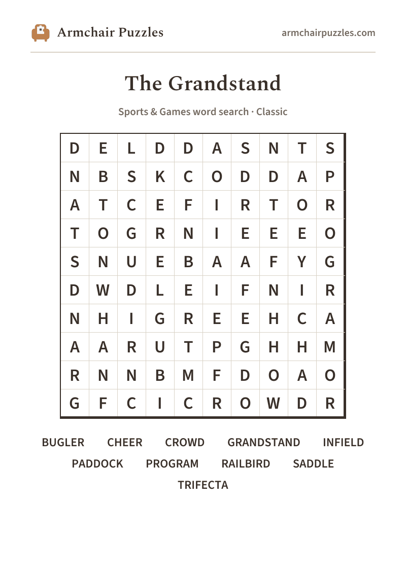 The printable The Grandstand word search sheet