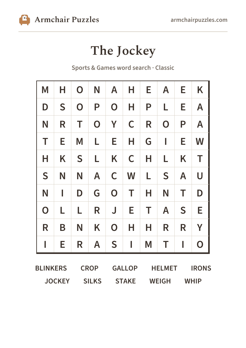 The printable The Jockey word search sheet