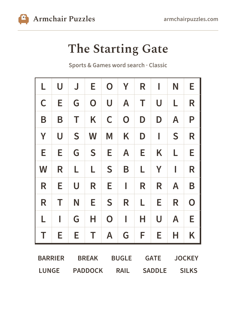 The printable The Starting Gate word search sheet