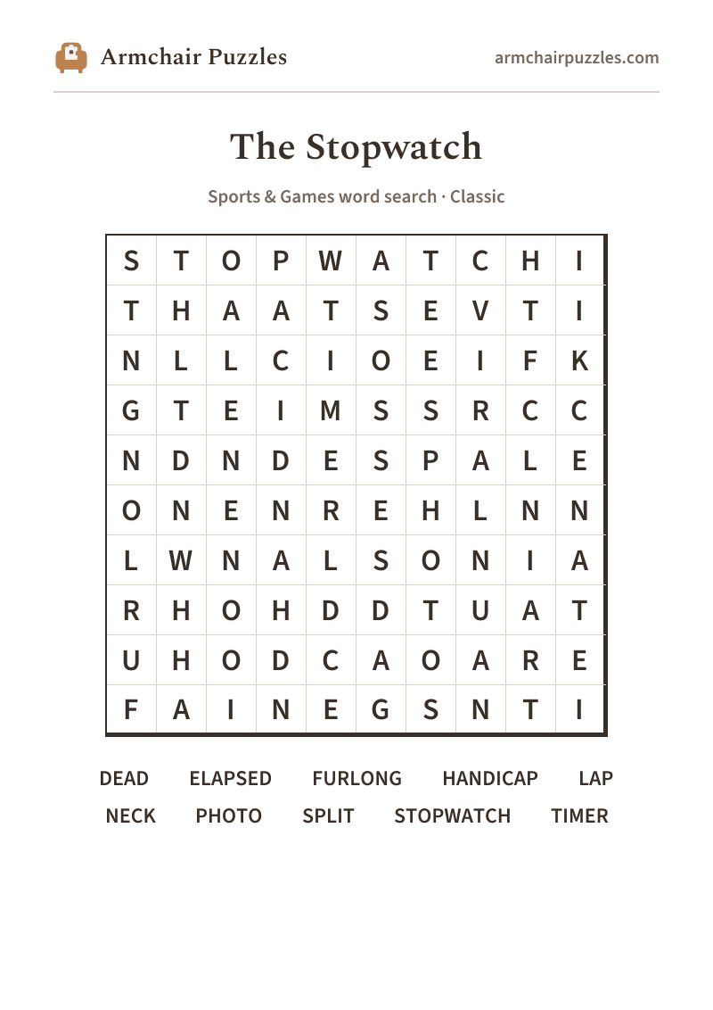 The printable The Stopwatch word search sheet