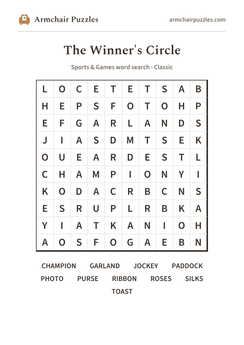 The printable The Winner's Circle word search sheet