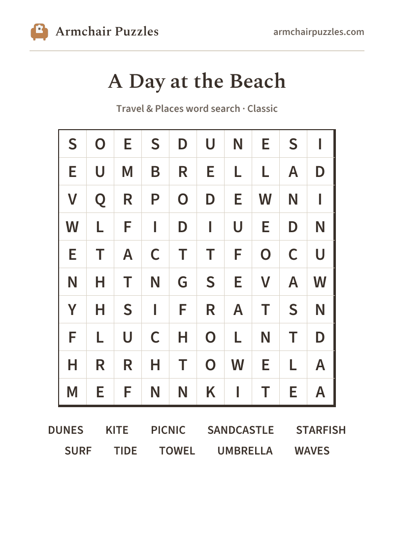 The printable A Day at the Beach word search sheet