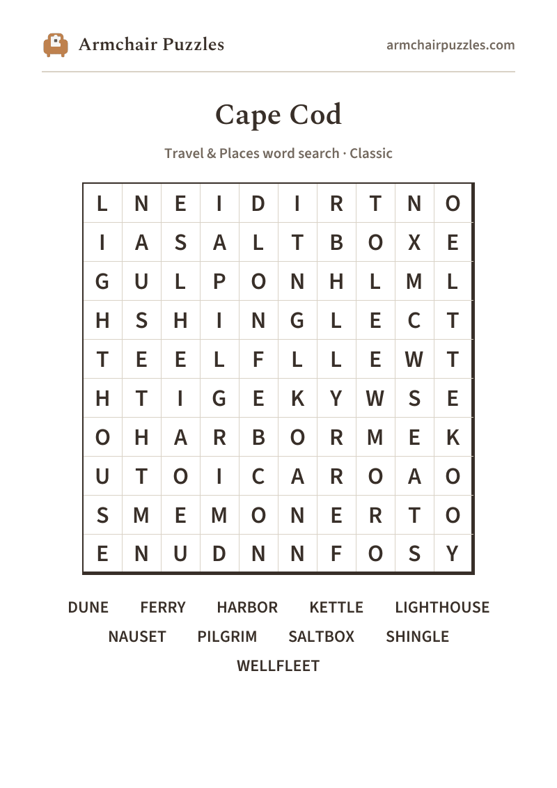 The printable Cape Cod word search sheet