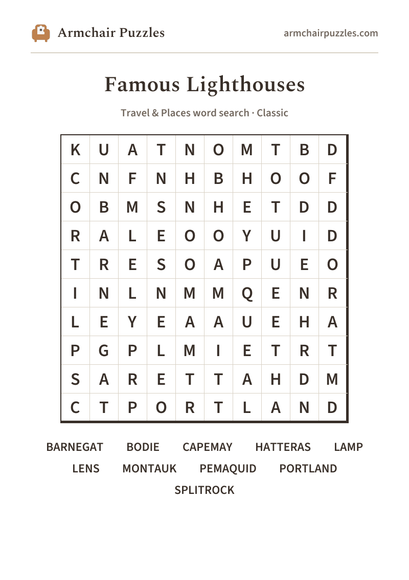 The printable Lighthouses word search sheet