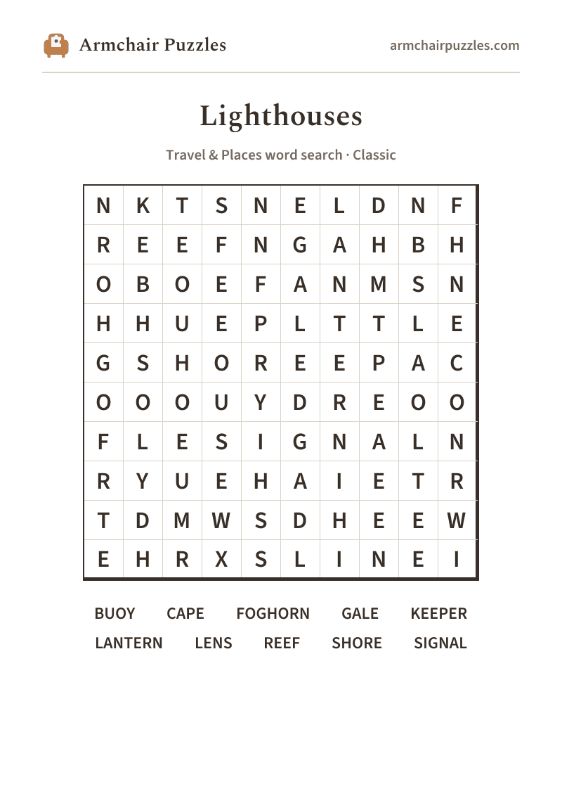 The printable Lighthouses word search sheet