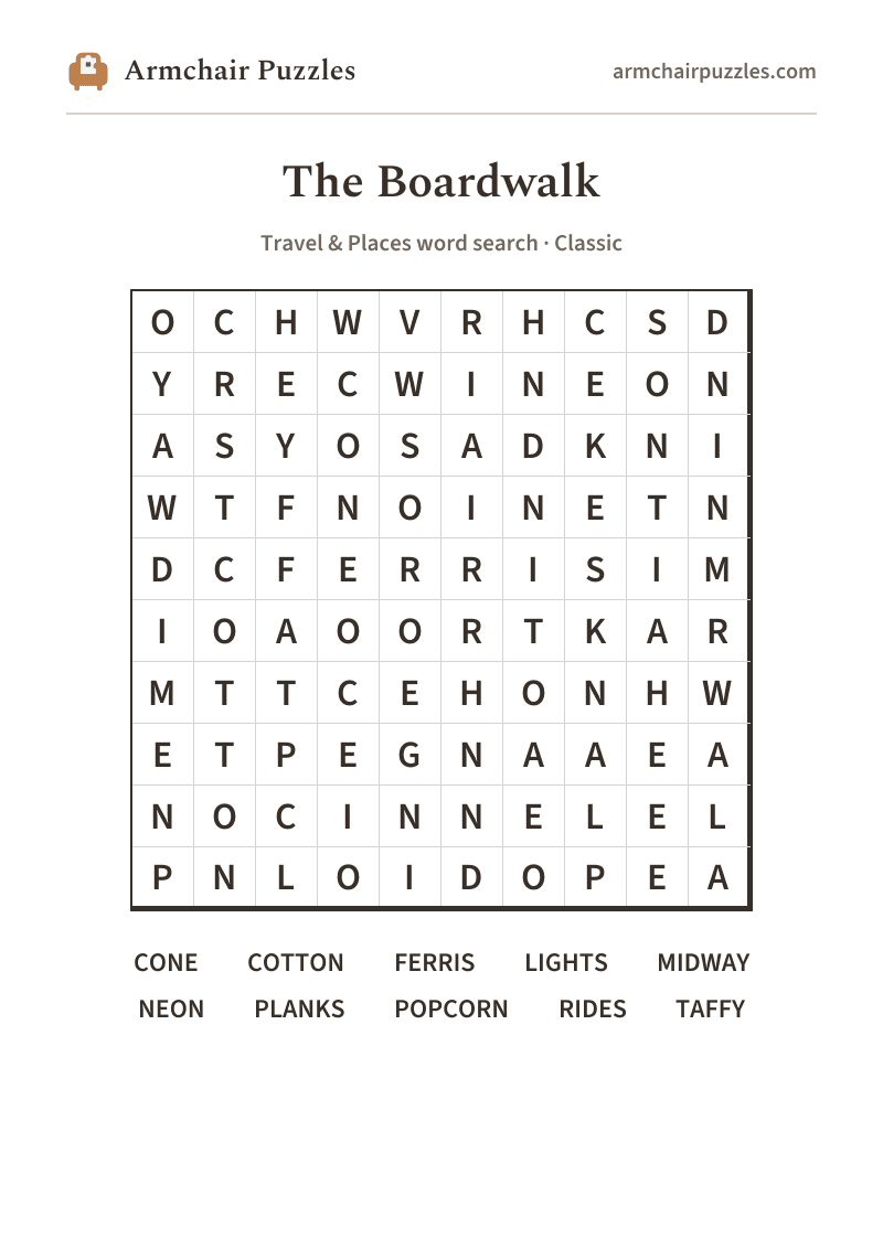 The printable The Boardwalk word search sheet