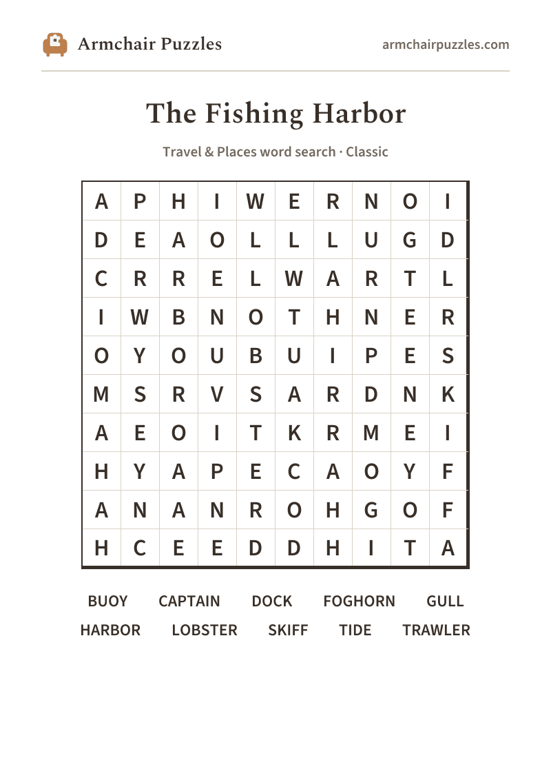 The printable The Fishing Harbor word search sheet