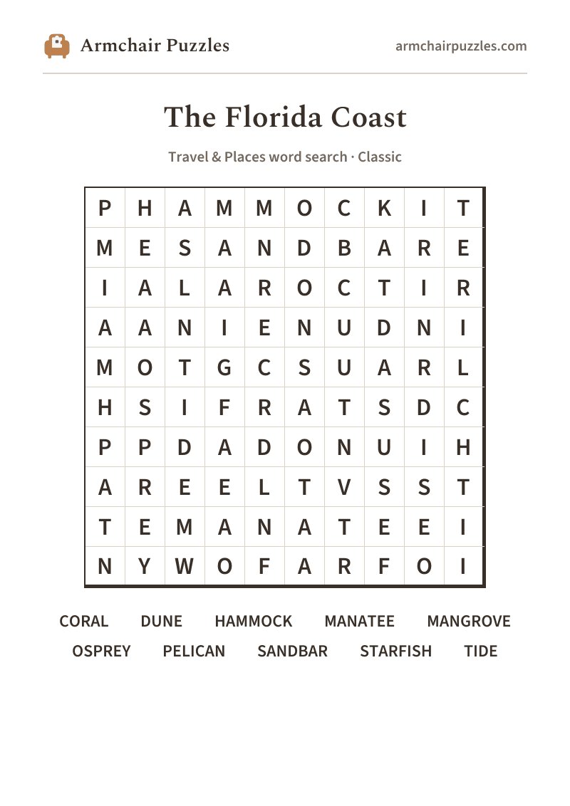 The printable The Florida Coast word search sheet: large-print Classic grid with its word list