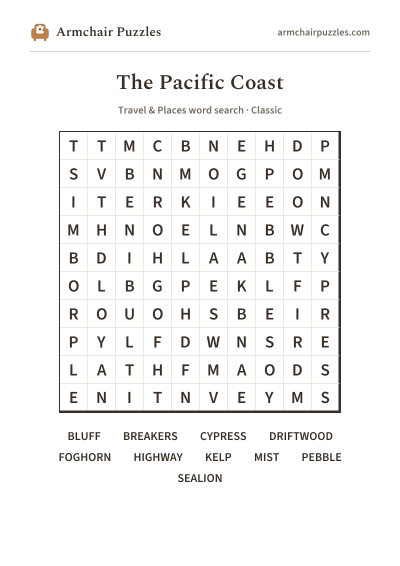 The printable The Pacific Coast word search sheet