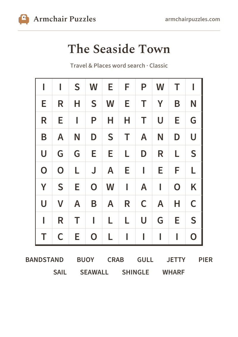 The printable The Seaside Town word search sheet