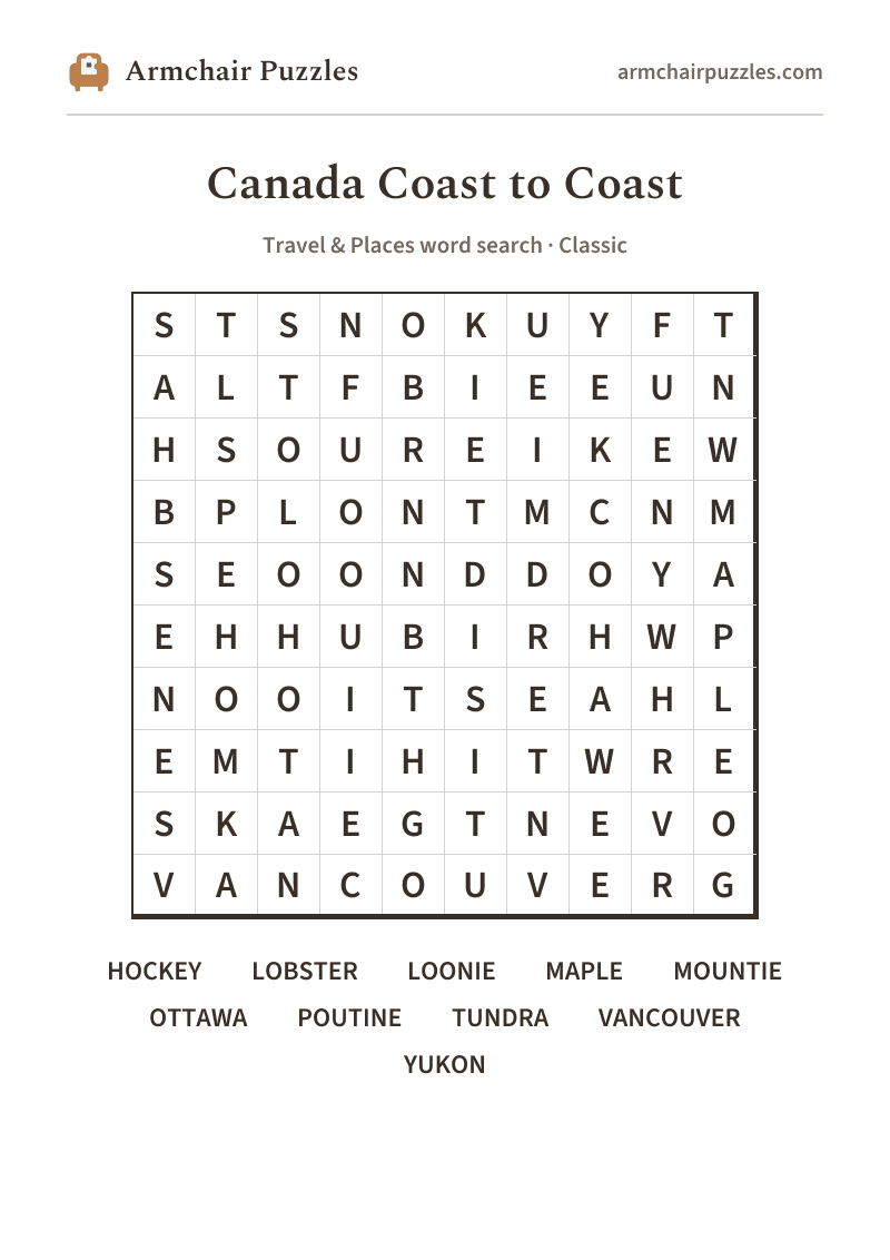 The printable Canada Coast to Coast word search sheet