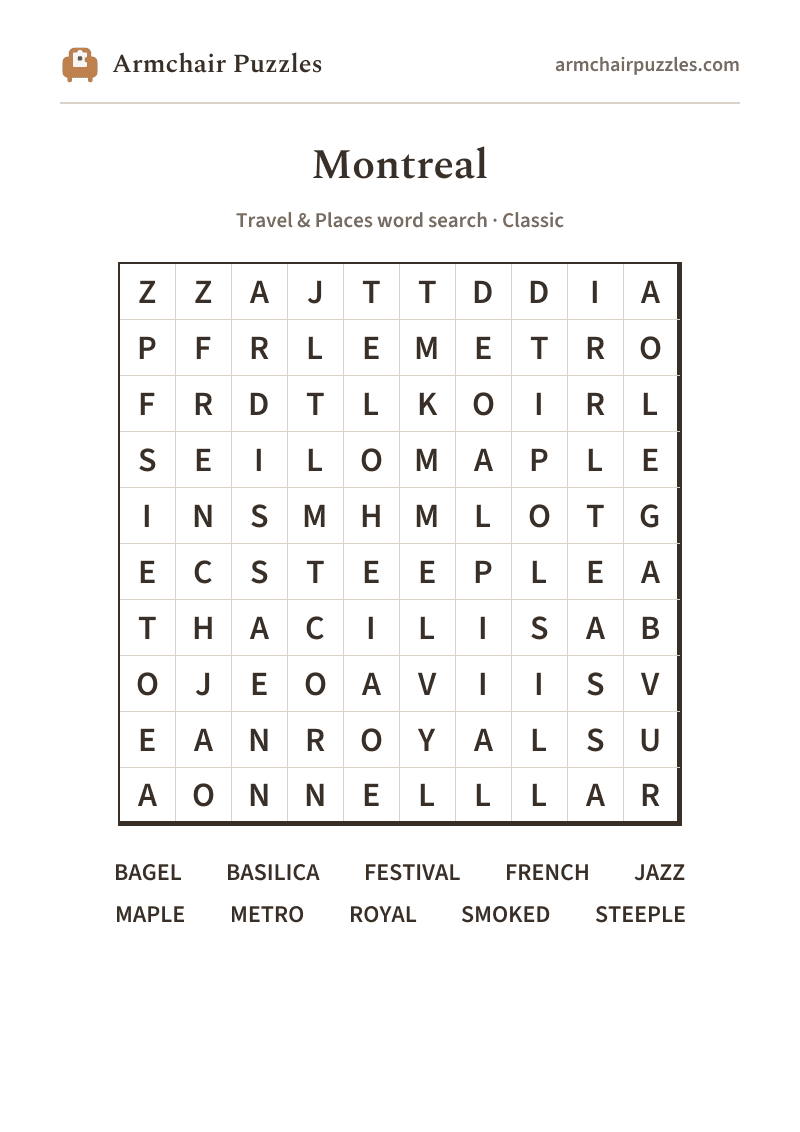The printable Montreal word search sheet: large-print Classic grid with its word list