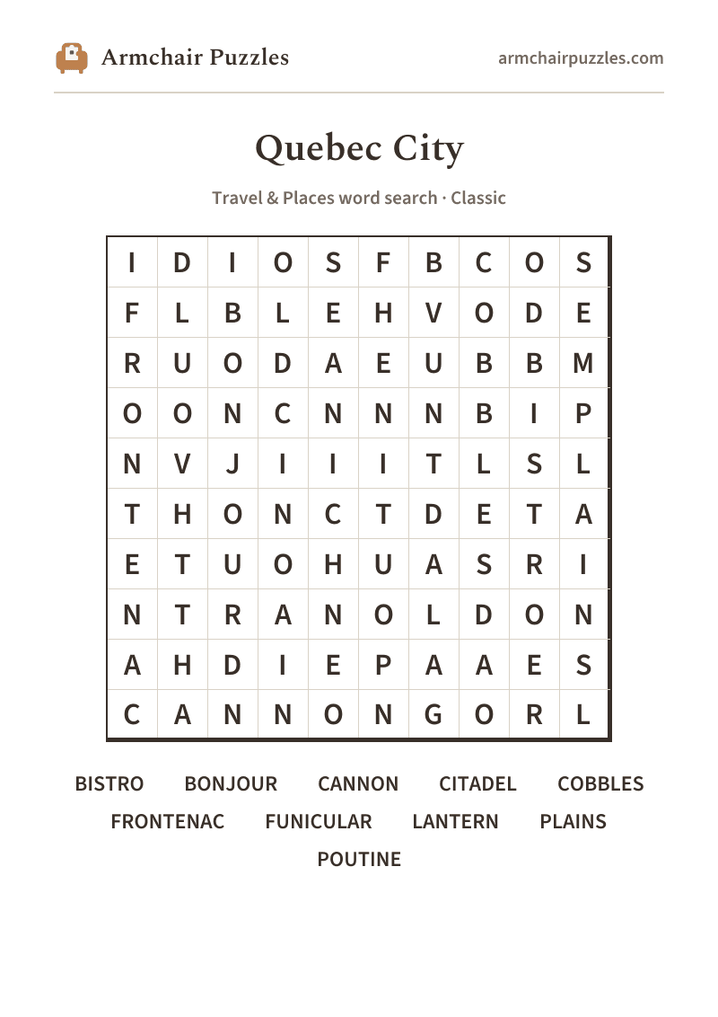 The printable Quebec City word search sheet: large-print Classic grid with its word list