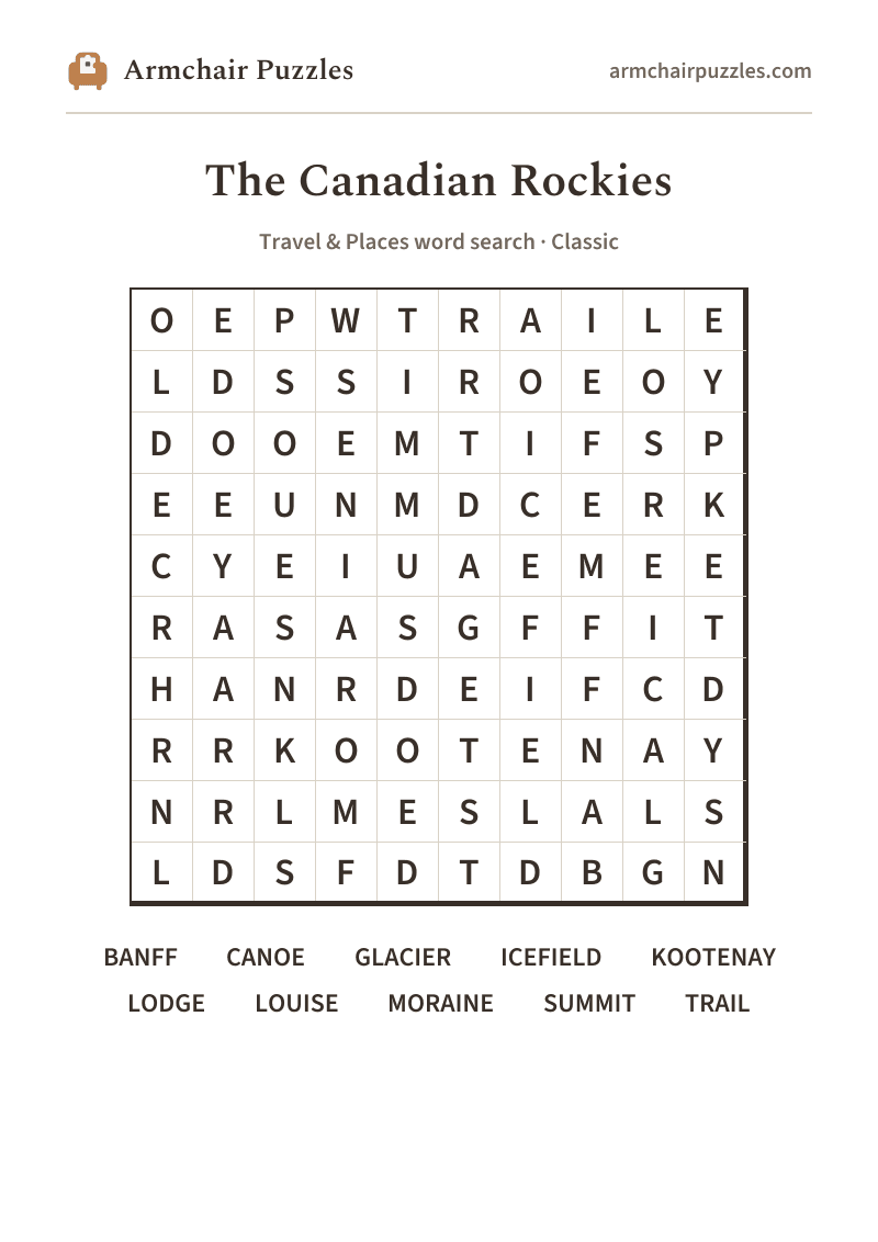 The printable The Canadian Rockies word search sheet: large-print Classic grid with its word list