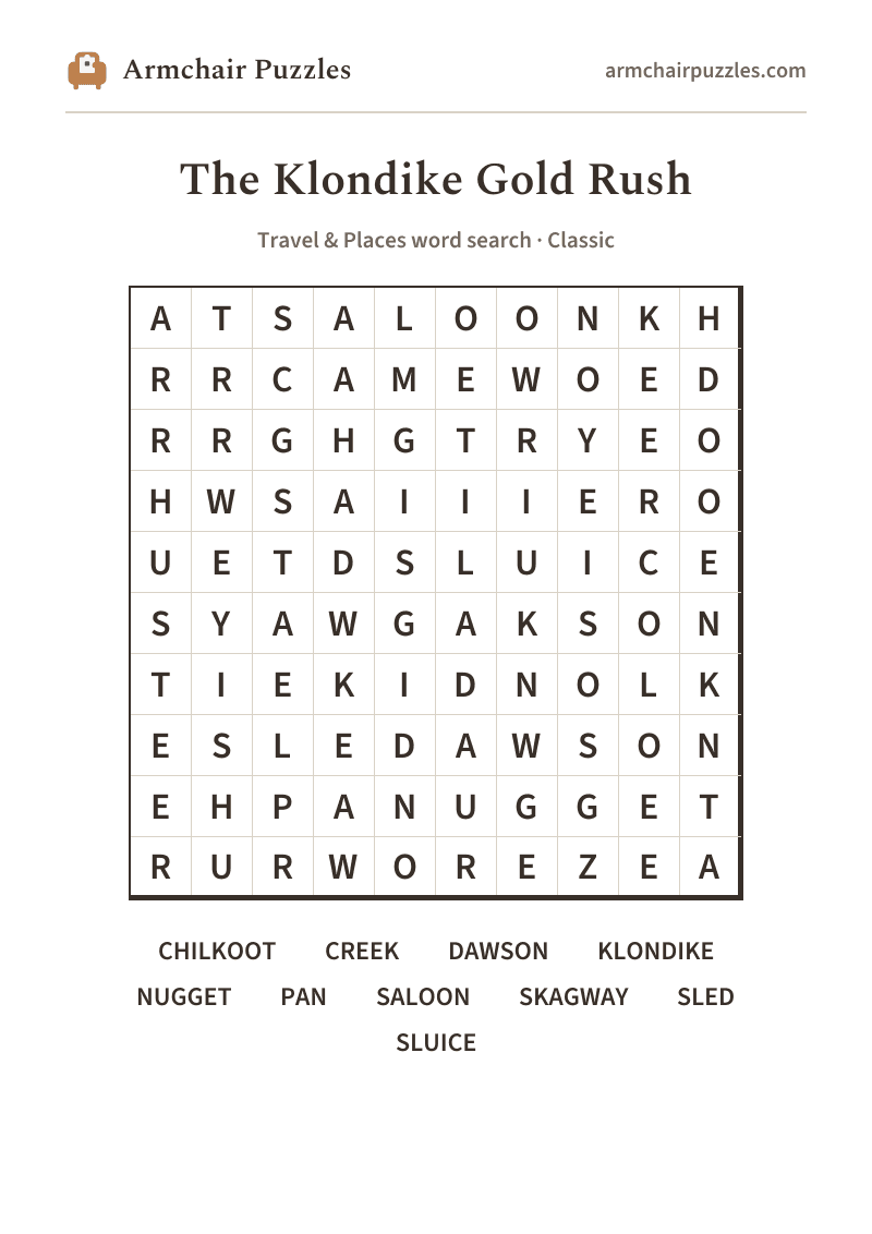 The printable The Klondike Gold Rush word search sheet: large-print Classic grid with its word list