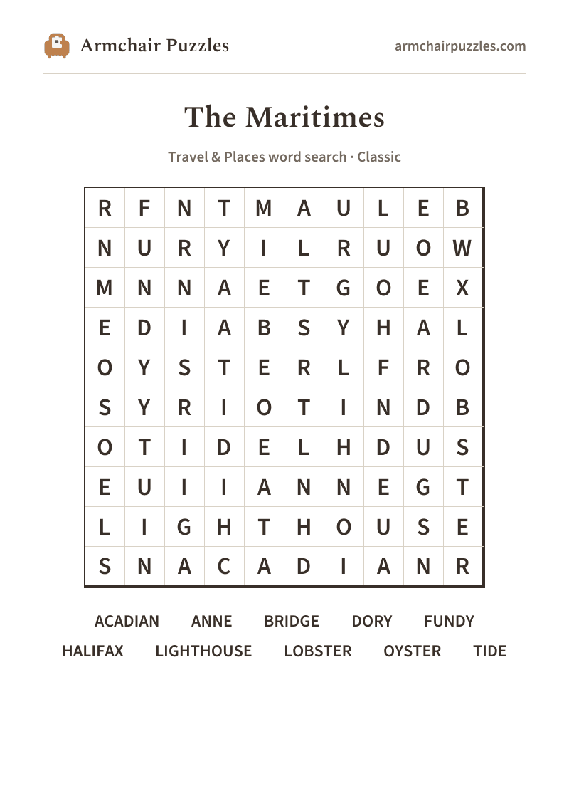 The printable The Maritimes word search sheet: large-print Classic grid with its word list