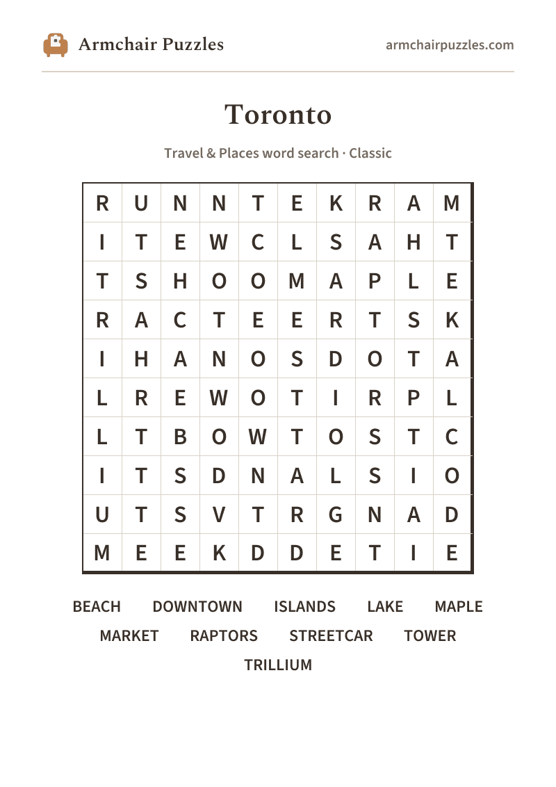 The printable Toronto word search sheet: large-print Classic grid with its word list