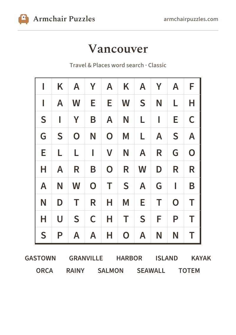 The printable Vancouver word search sheet: large-print Classic grid with its word list