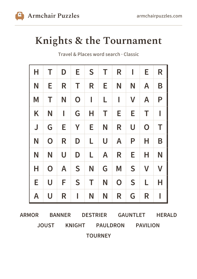 The printable Knights & the Tournament word search sheet