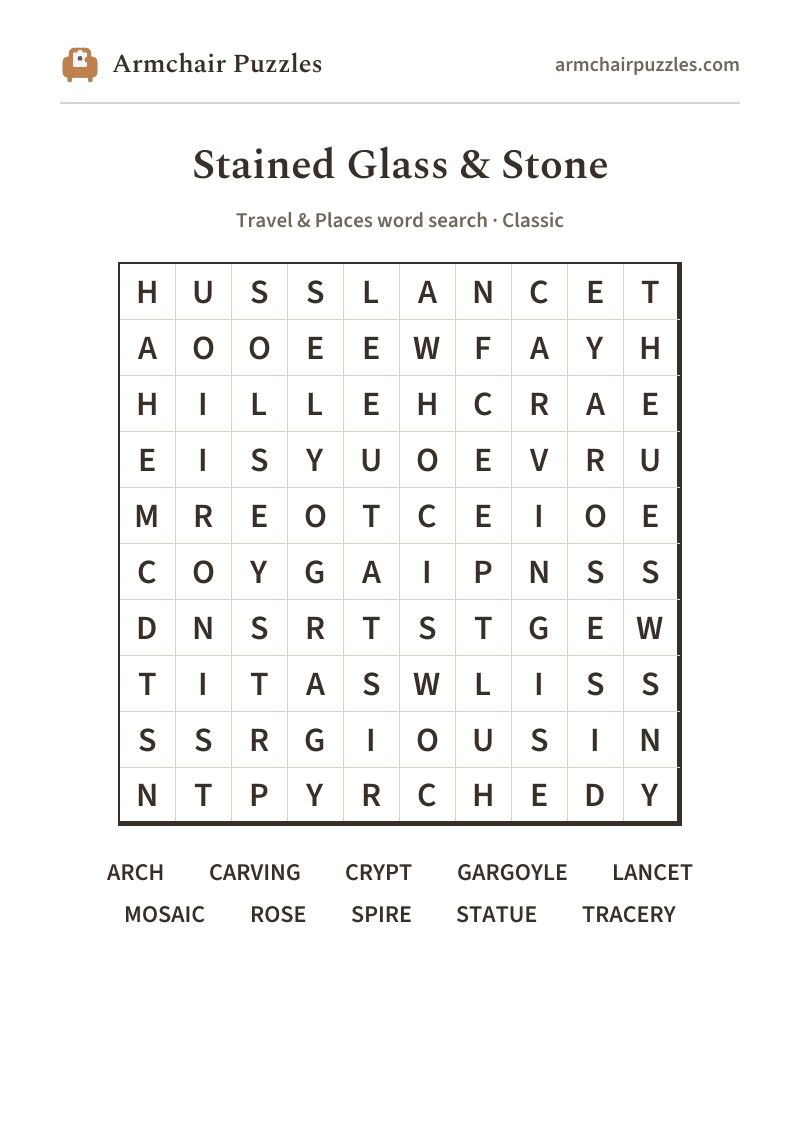 The printable Stained Glass & Stone word search sheet