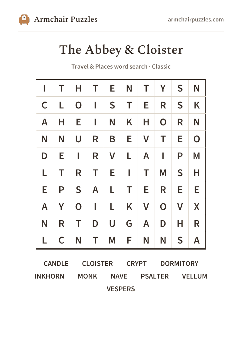 The printable The Abbey & Cloister word search sheet: large-print Classic grid with its word list