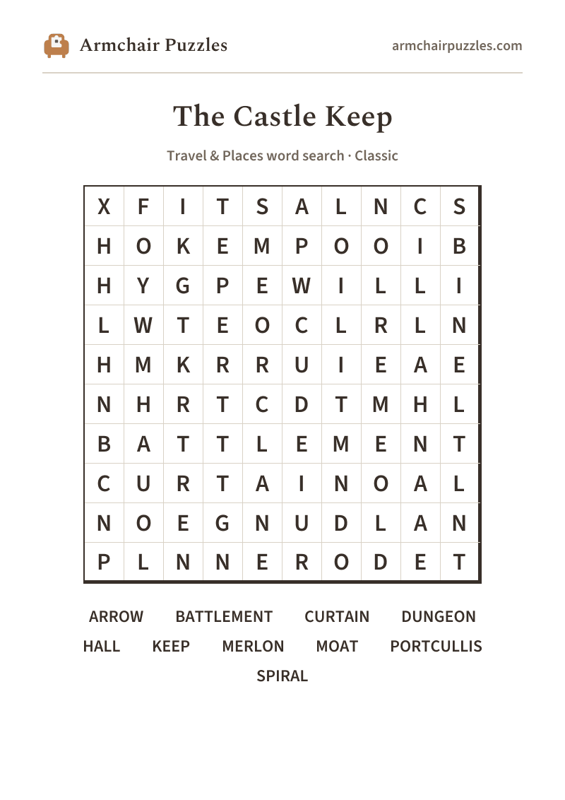 The printable The Castle Keep word search sheet in large print