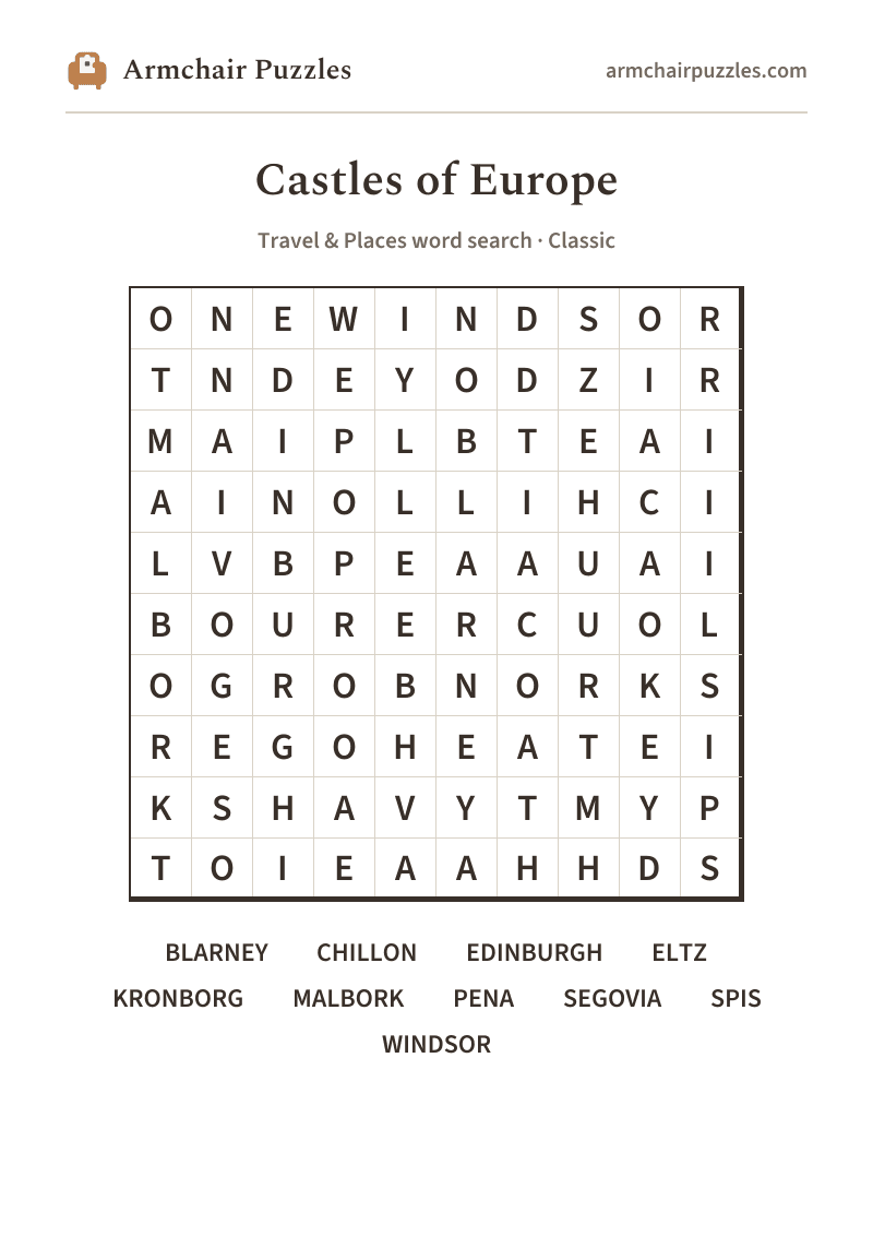 The printable The Castle on the Hill word search sheet in large print