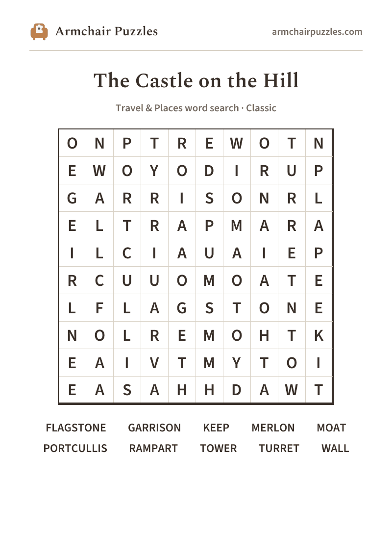 The printable The Castle on the Hill word search sheet: large-print Classic grid with its word list