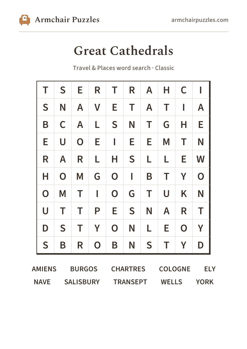The printable Great Cathedrals word search sheet