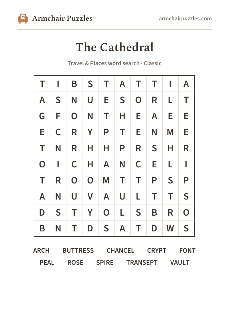 The printable The Cathedral word search sheet