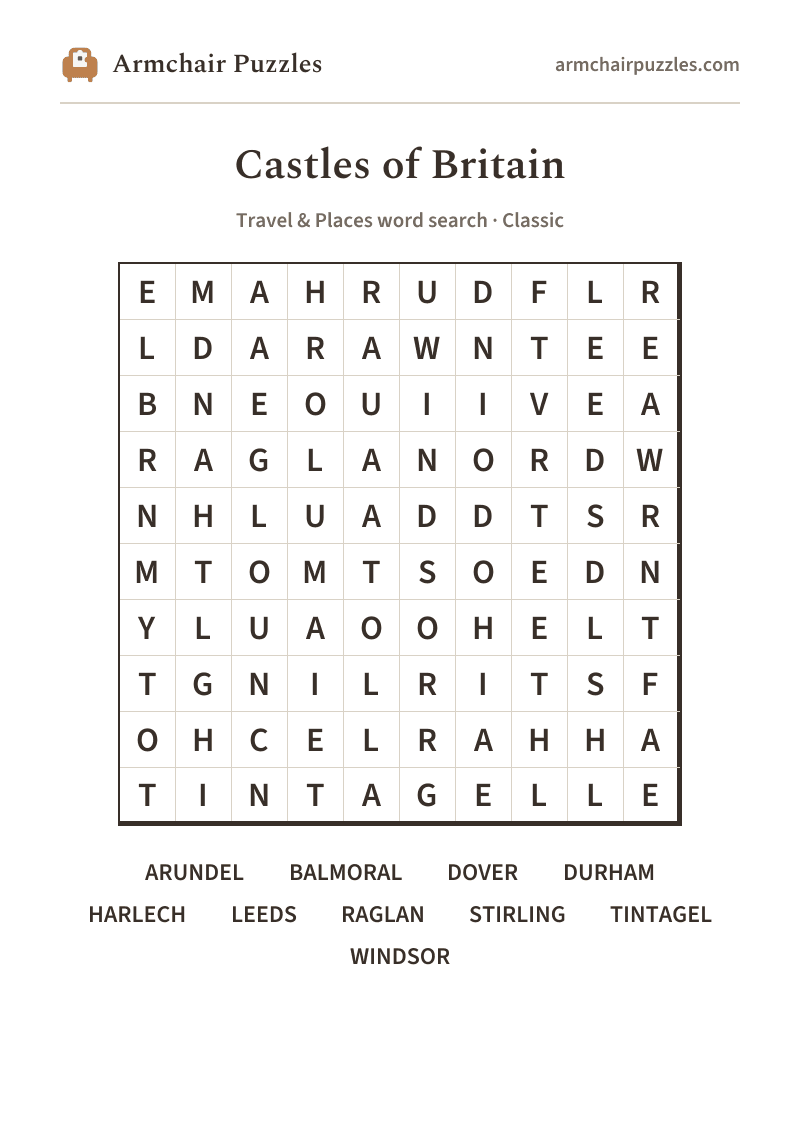 The printable The Moat & Drawbridge word search sheet in large print