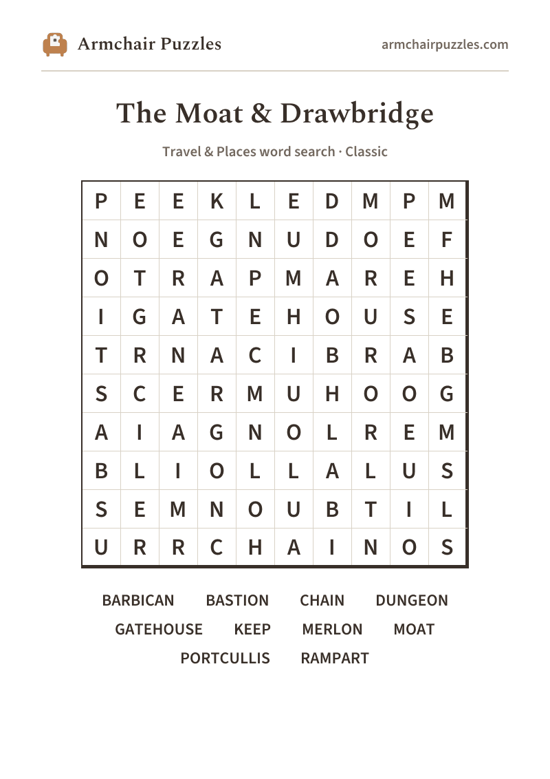 The printable The Moat & Drawbridge word search sheet