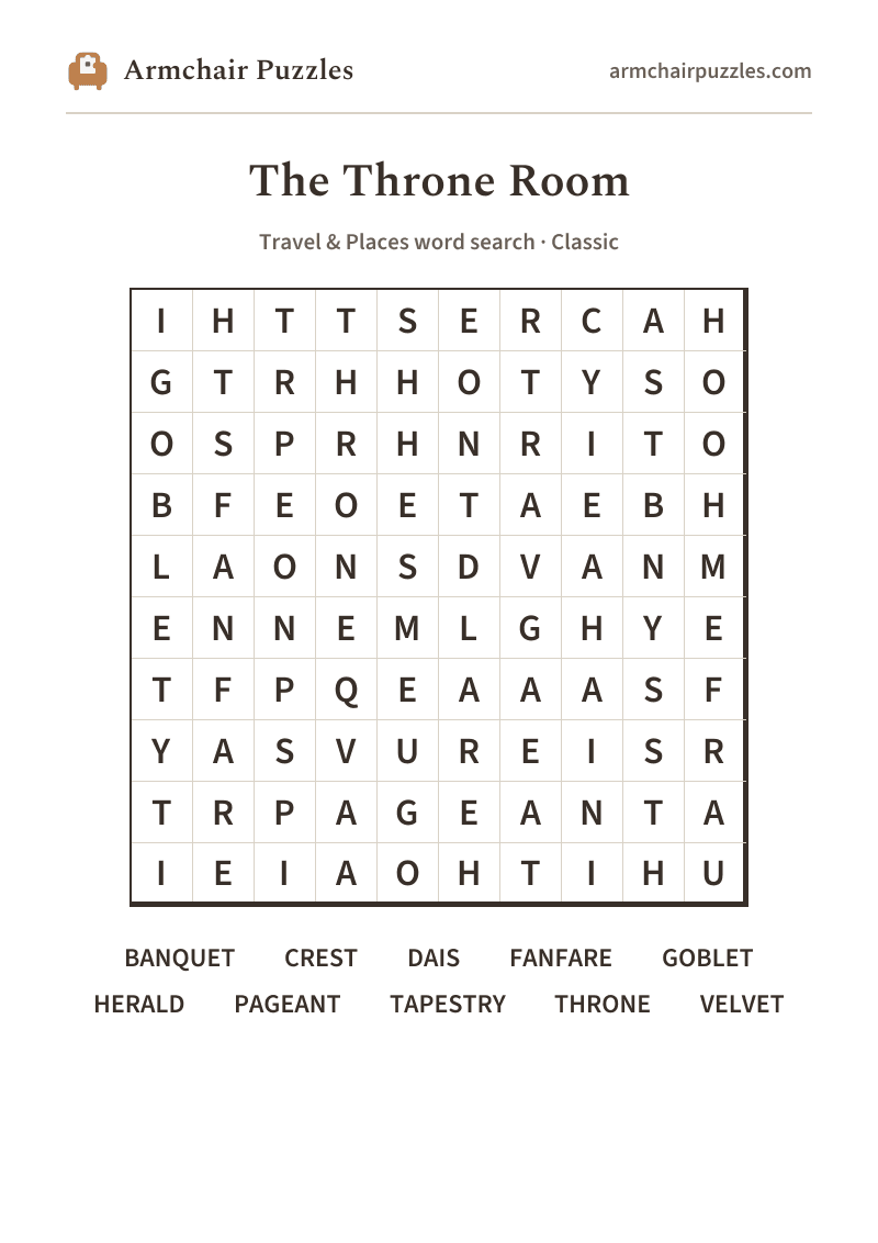 The printable The Throne Room word search sheet