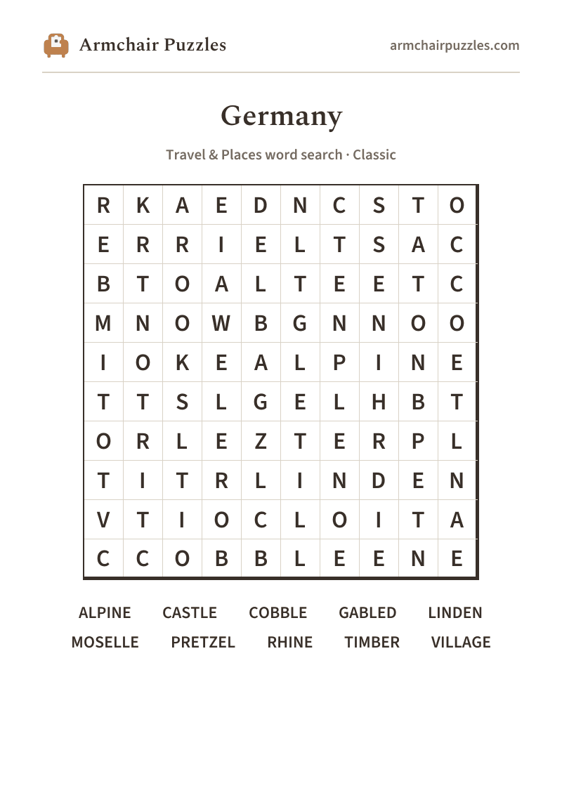 The printable Germany word search sheet