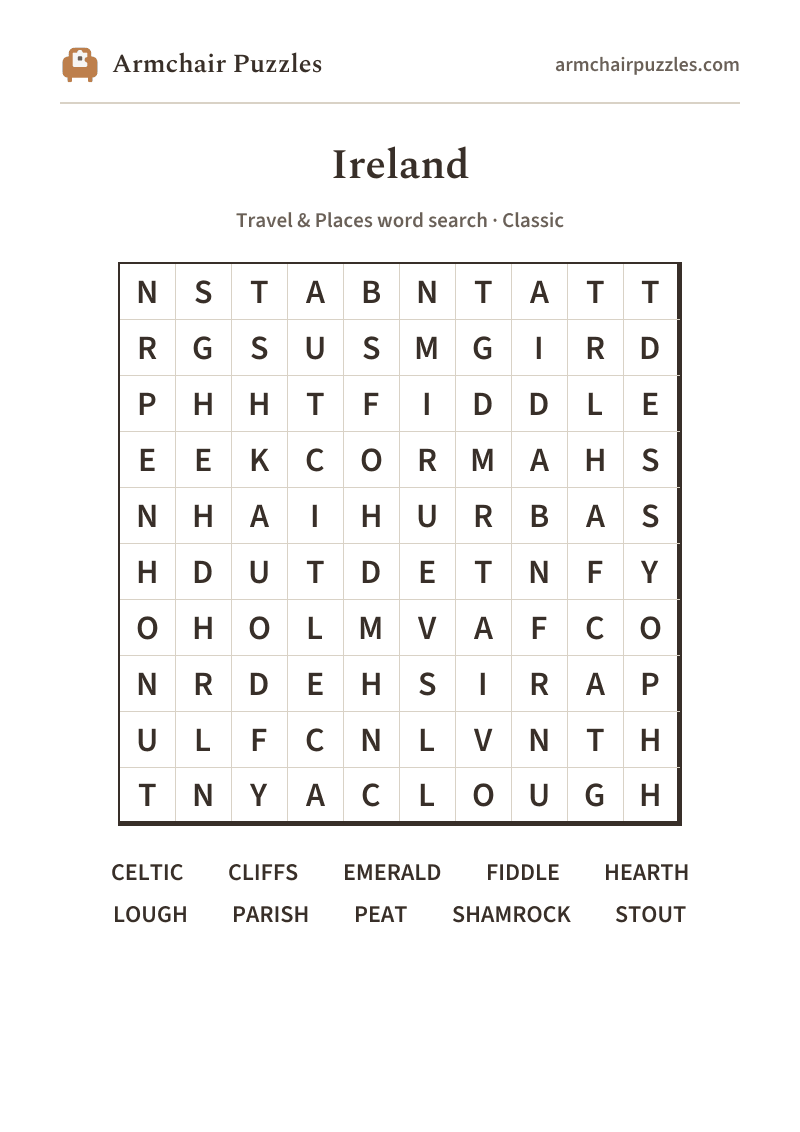 The printable Ireland word search sheet in large print