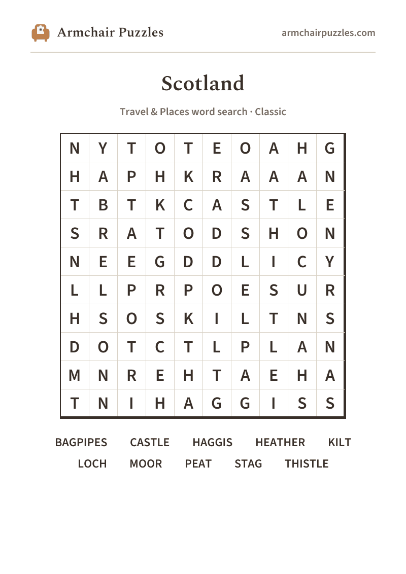 The printable Scotland word search sheet: large-print Classic grid with its word list