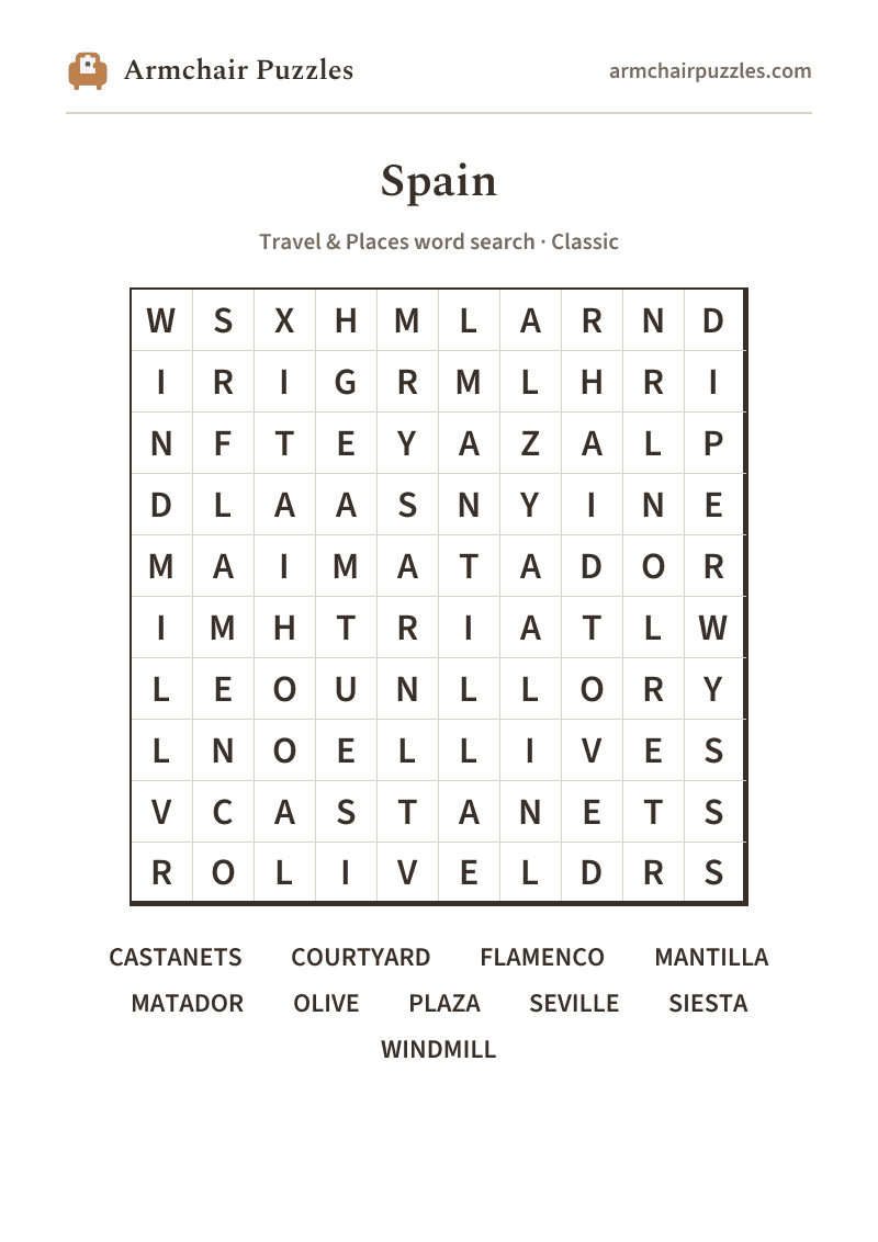 The printable Spain word search sheet: large-print Classic grid with its word list
