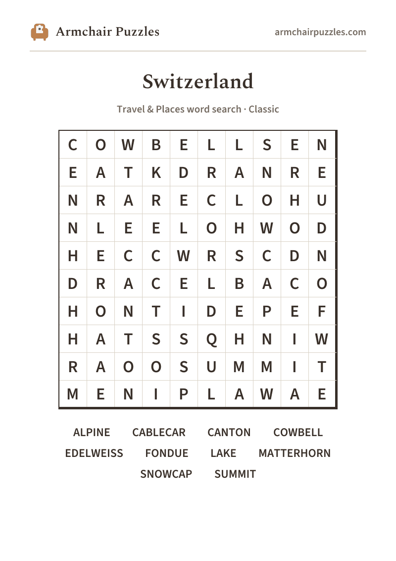 The printable Switzerland word search sheet in large print