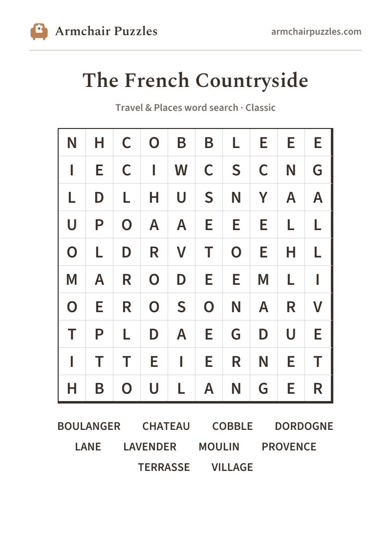 The printable The French Countryside word search sheet in large print