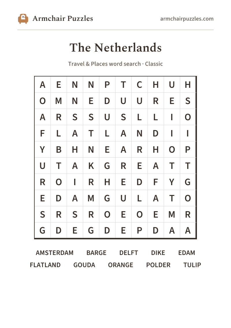 The printable The Netherlands word search sheet in large print