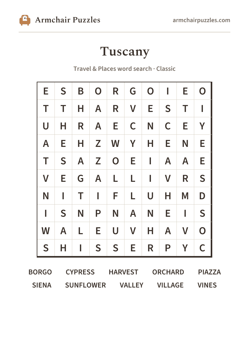 The printable Tuscany word search sheet in large print