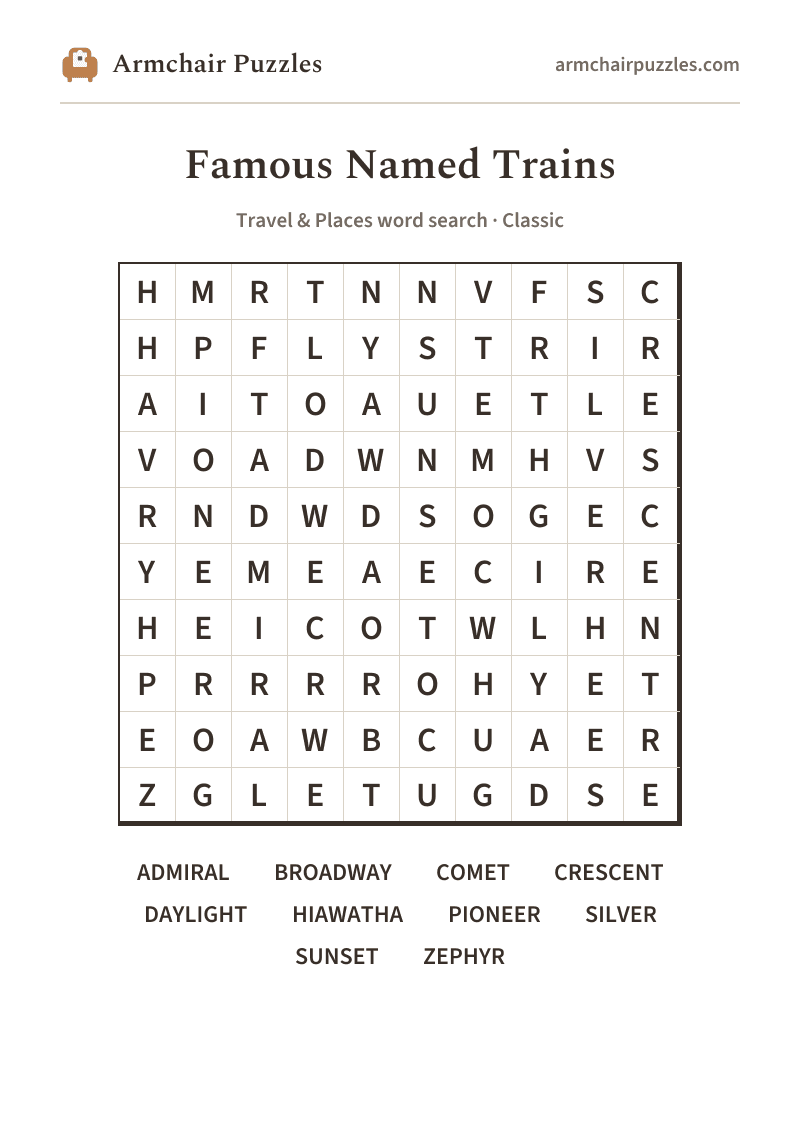The printable Famous Named Trains word search sheet