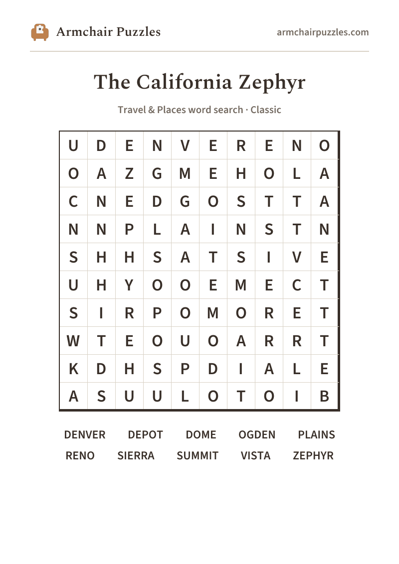 The printable The California Zephyr word search sheet