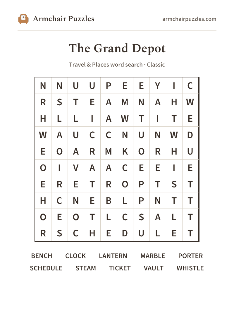 The printable The Grand Depot word search sheet