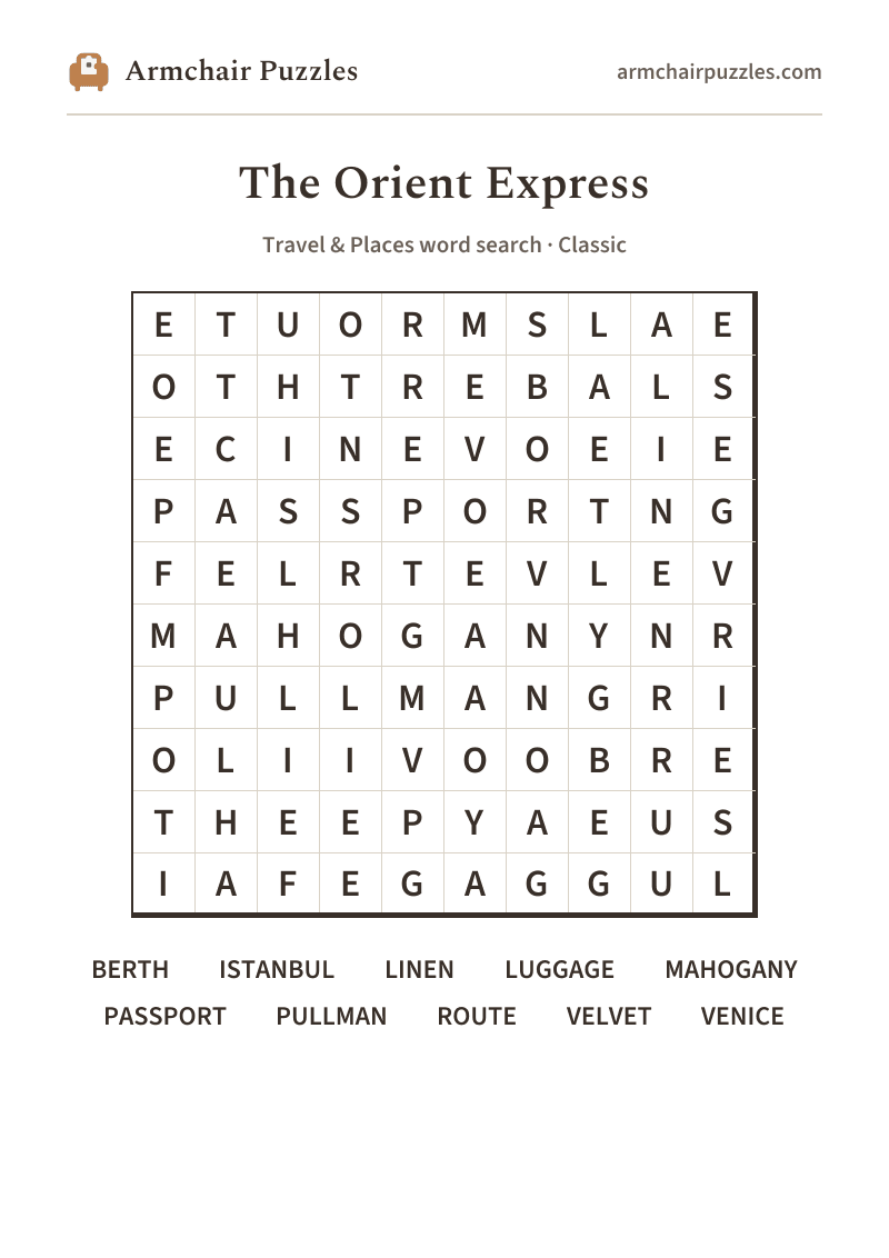 The printable The Orient Express word search sheet