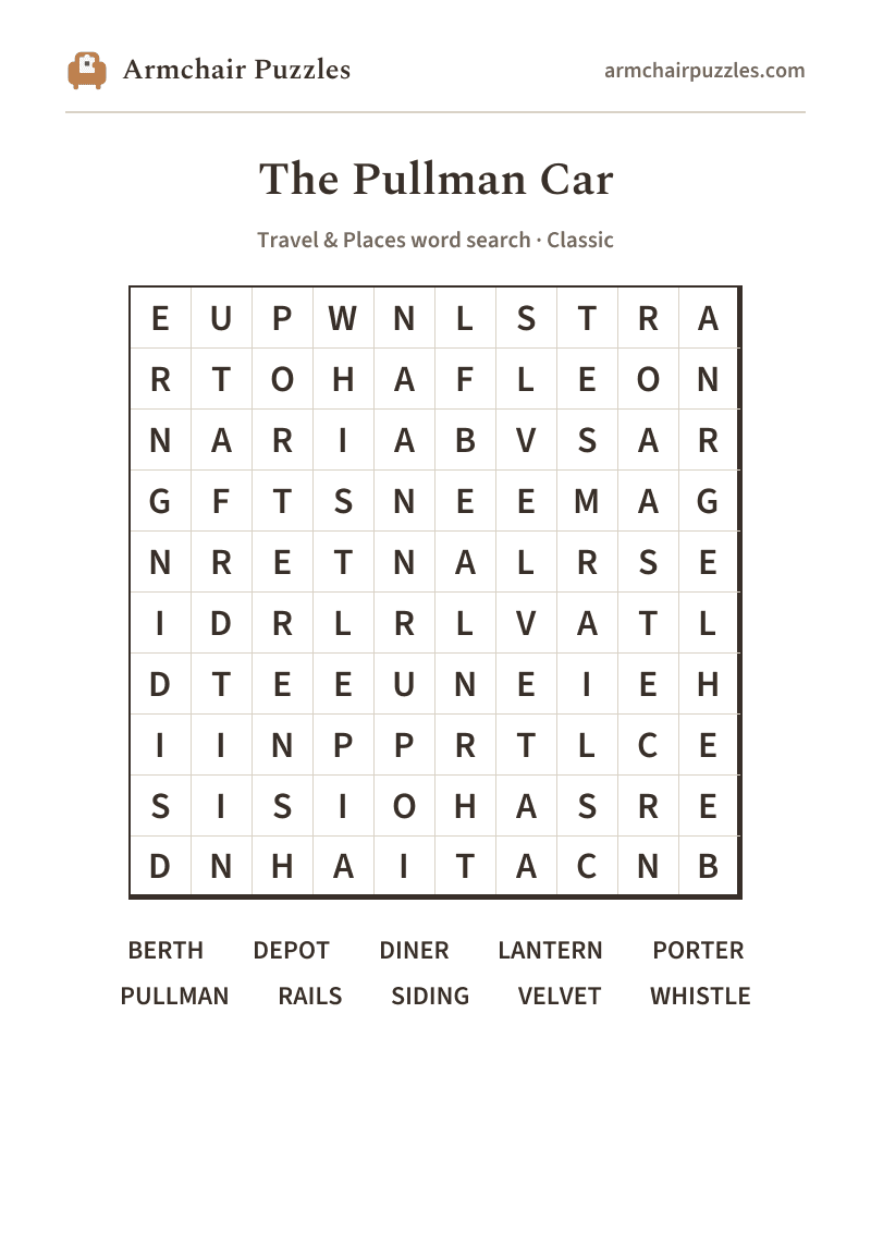 The printable The Pullman Car word search sheet